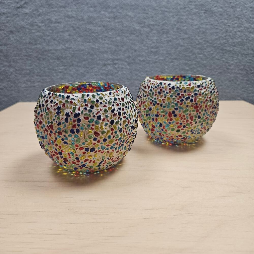Lot 2 PartyLite Konfetti Hurricane Votive Candle Holders Multicolored Glass Ret.